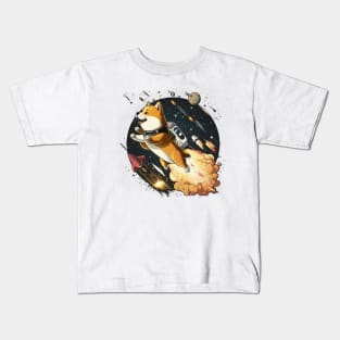 shiba inu flying into space with a rocket Kids T-Shirt